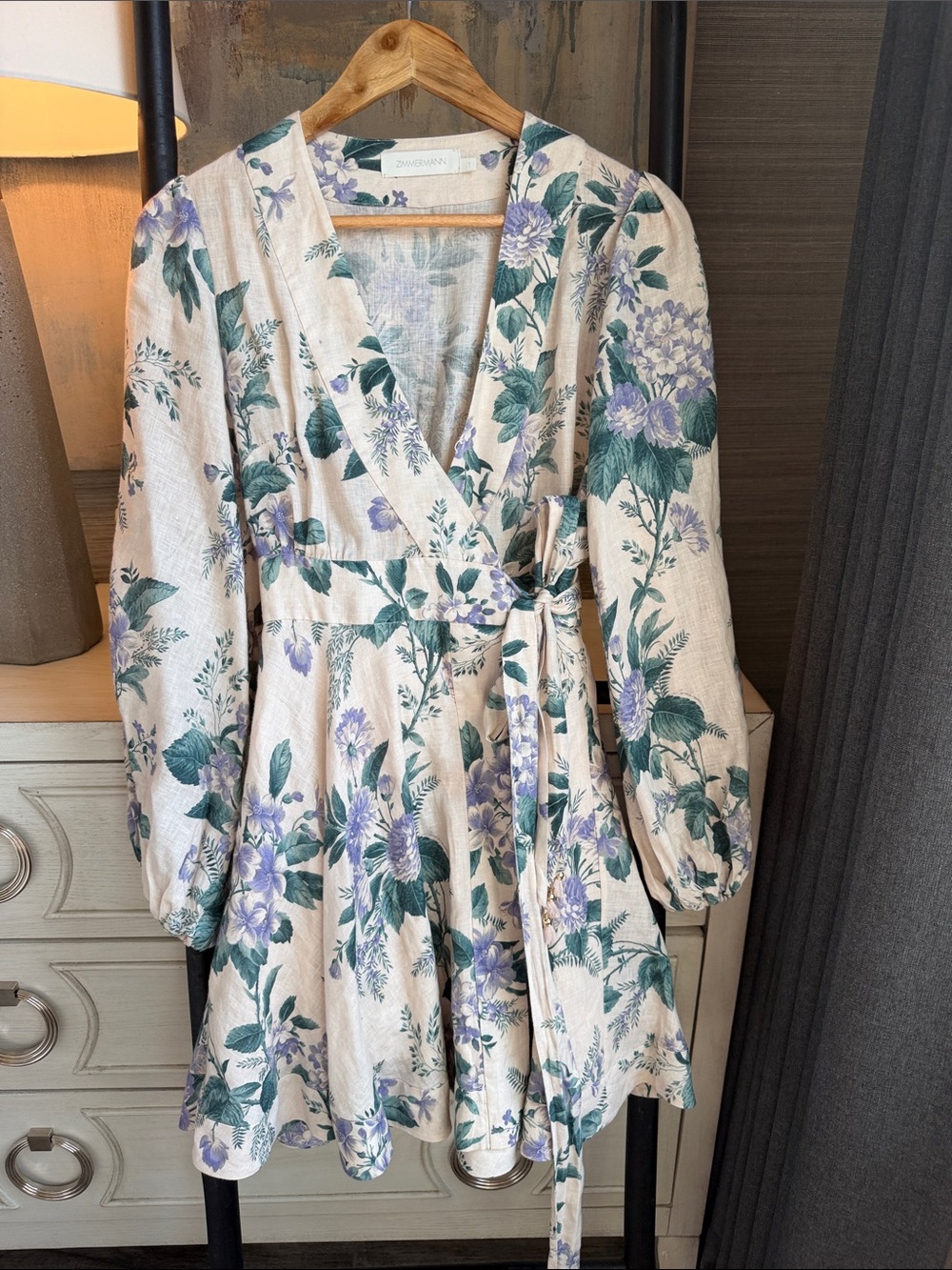 Zimmermann Cream Floral Wrap Mini Dress with Green and Lavender Accents